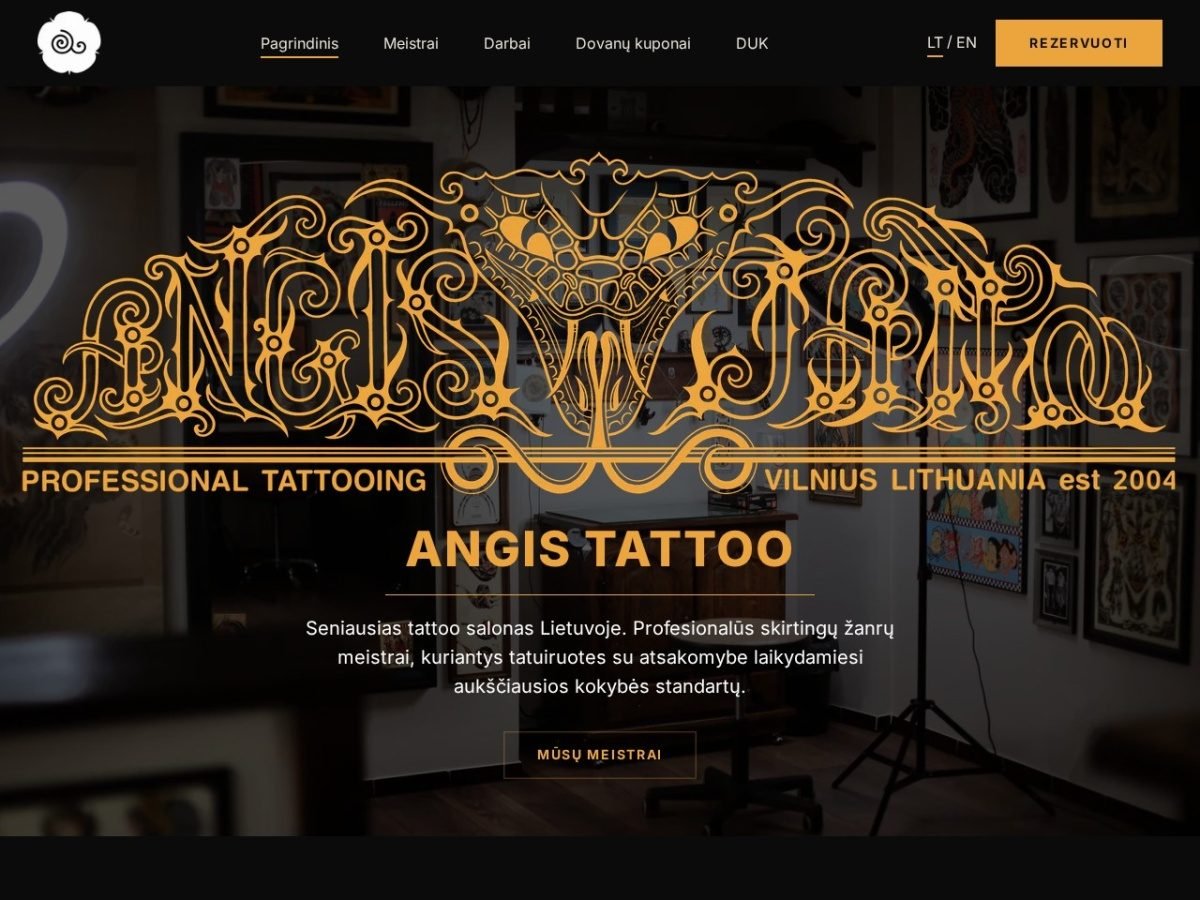 Angis Tattoo svetainės ekrano kopija