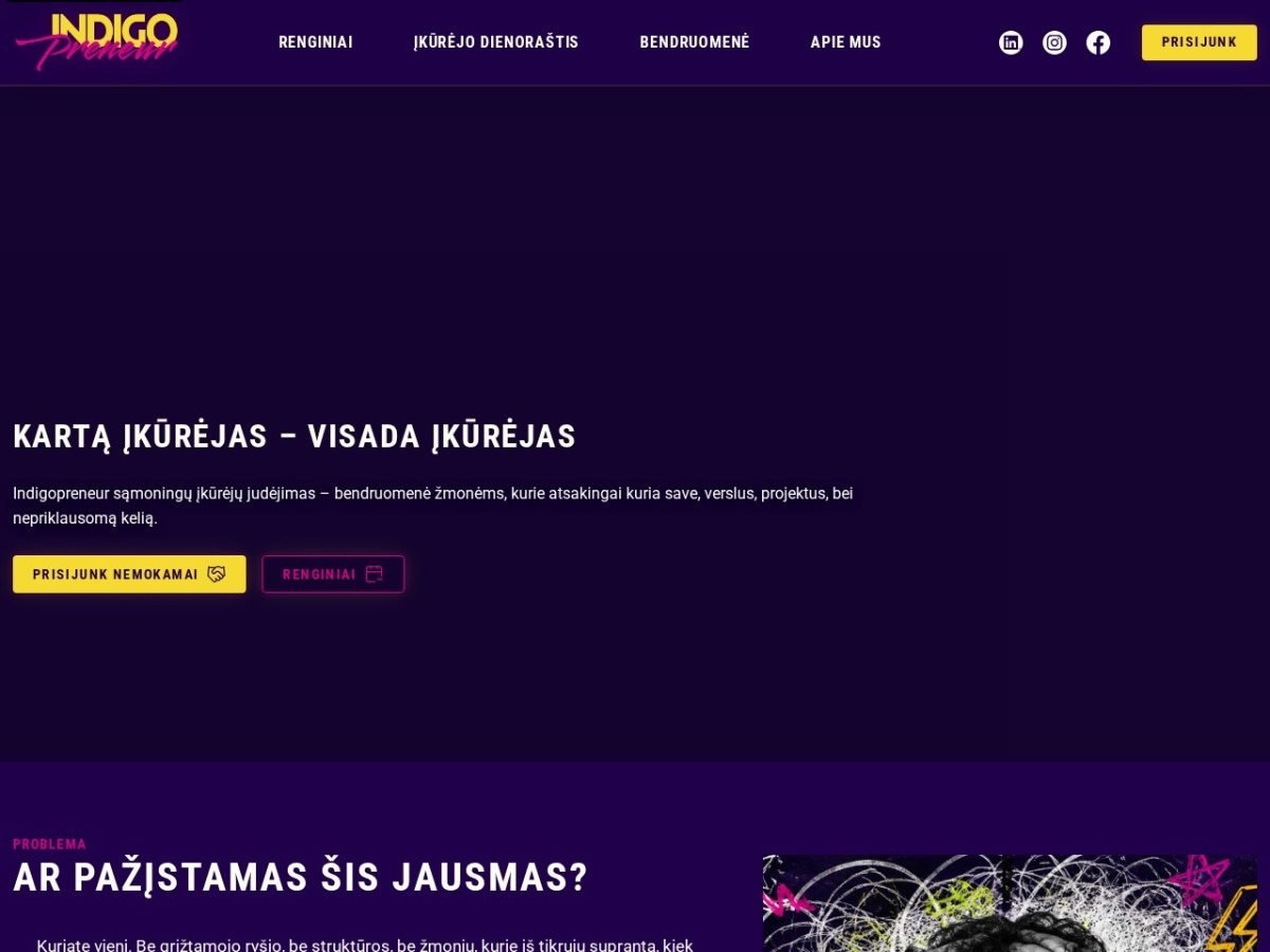 Indigopreneur svetainės ekrano kopija