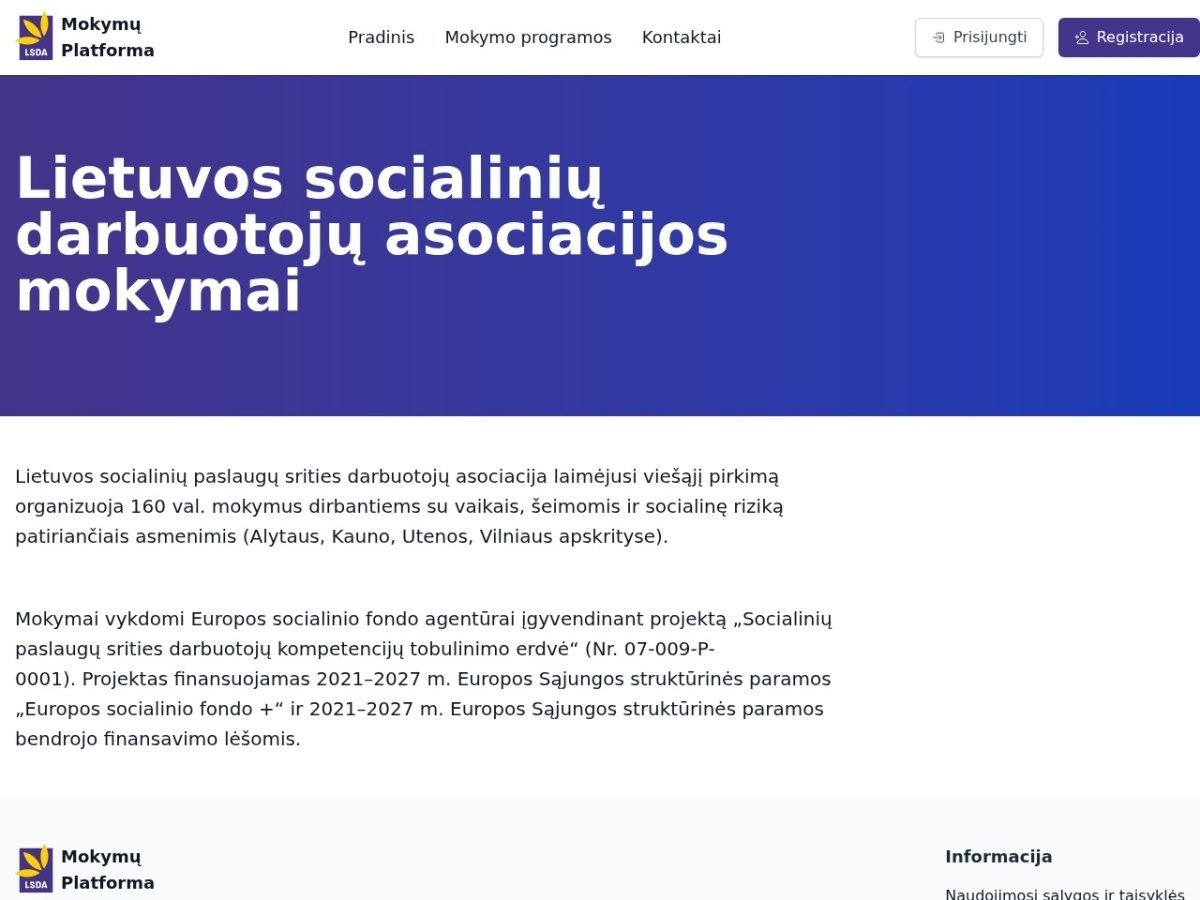 LSDA Mokymai svetainės ekrano kopija