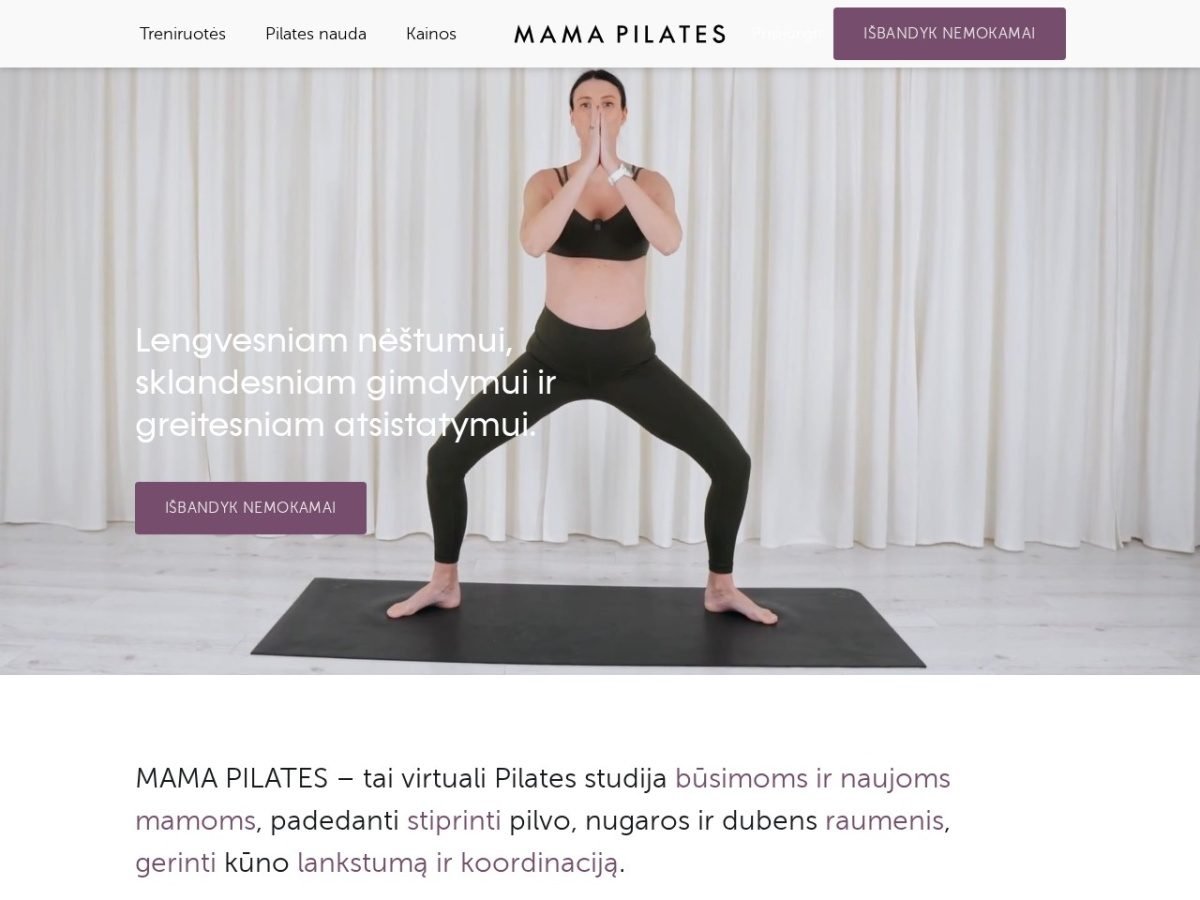 Mama Pilates svetainės ekrano kopija